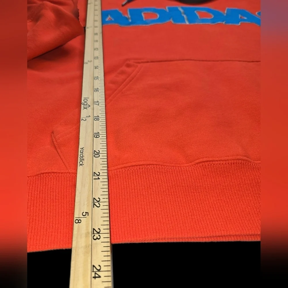Adidas Men’s Md Red/Orange Pullover Hoodie Blue Spellout Logo Fleece Sweatshirt